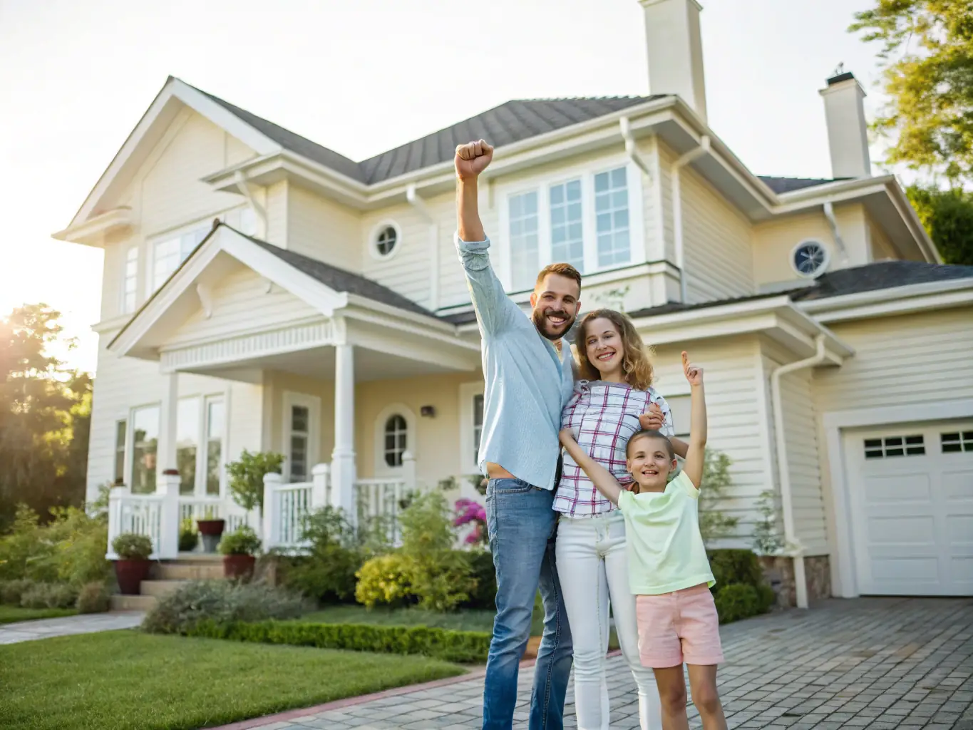 An image depicting a family confidently standing in front of a modern, secure-looking home, symbolizing the protection of their assets and future.