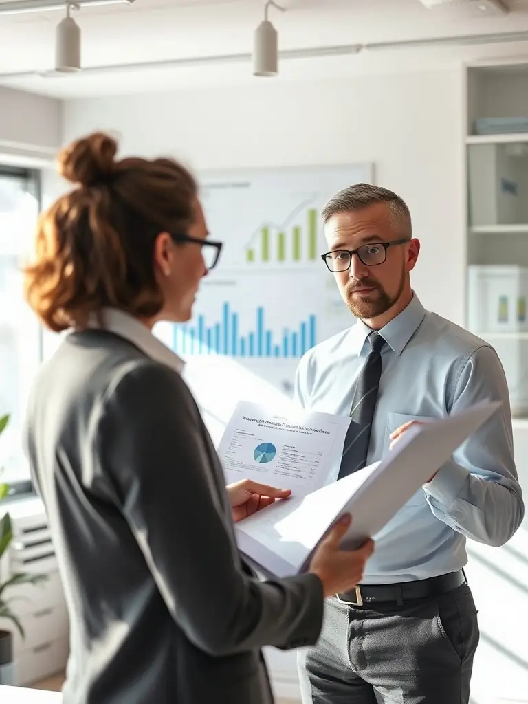 A professional legal document being reviewed by a financial advisor and a client, highlighting the importance of legal compliance in asset protection. The setting is a modern office environment.